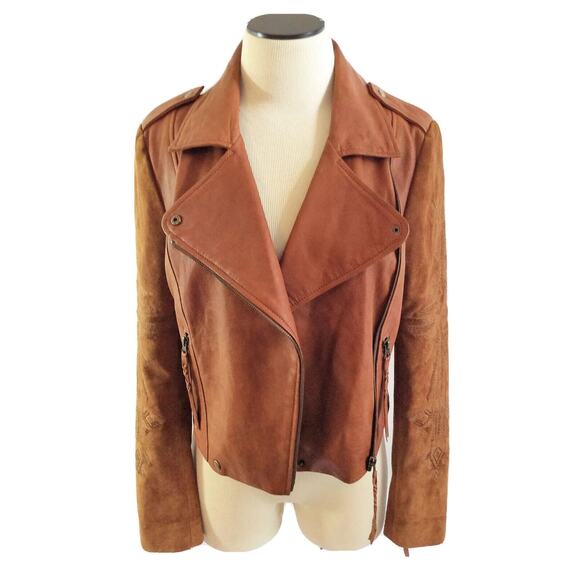 Brown Leather & Suede Southwest Embroidered Moto Jacket - Picture 2 of 7